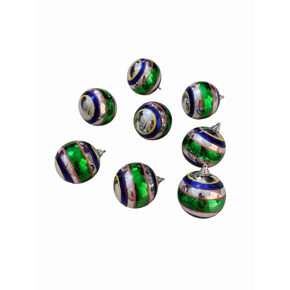 8 Vintage Glitter Striped Christmas Ornaments 3.25" Shatterproof Plastic MCM